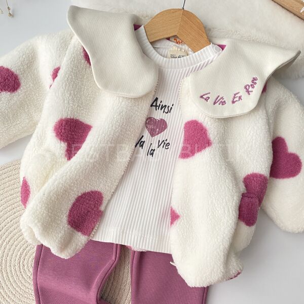 Yakası Nakışlı Kalpli Peluş Montlu 3’Lü Takım