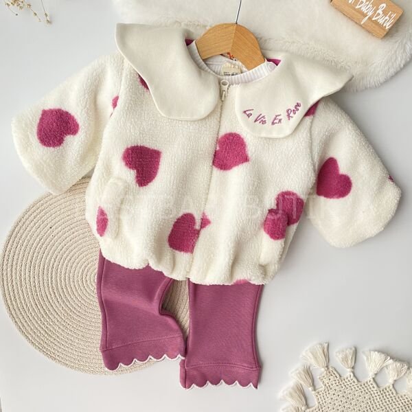 Yakası Nakışlı Kalpli Peluş Montlu 3’Lü Takım