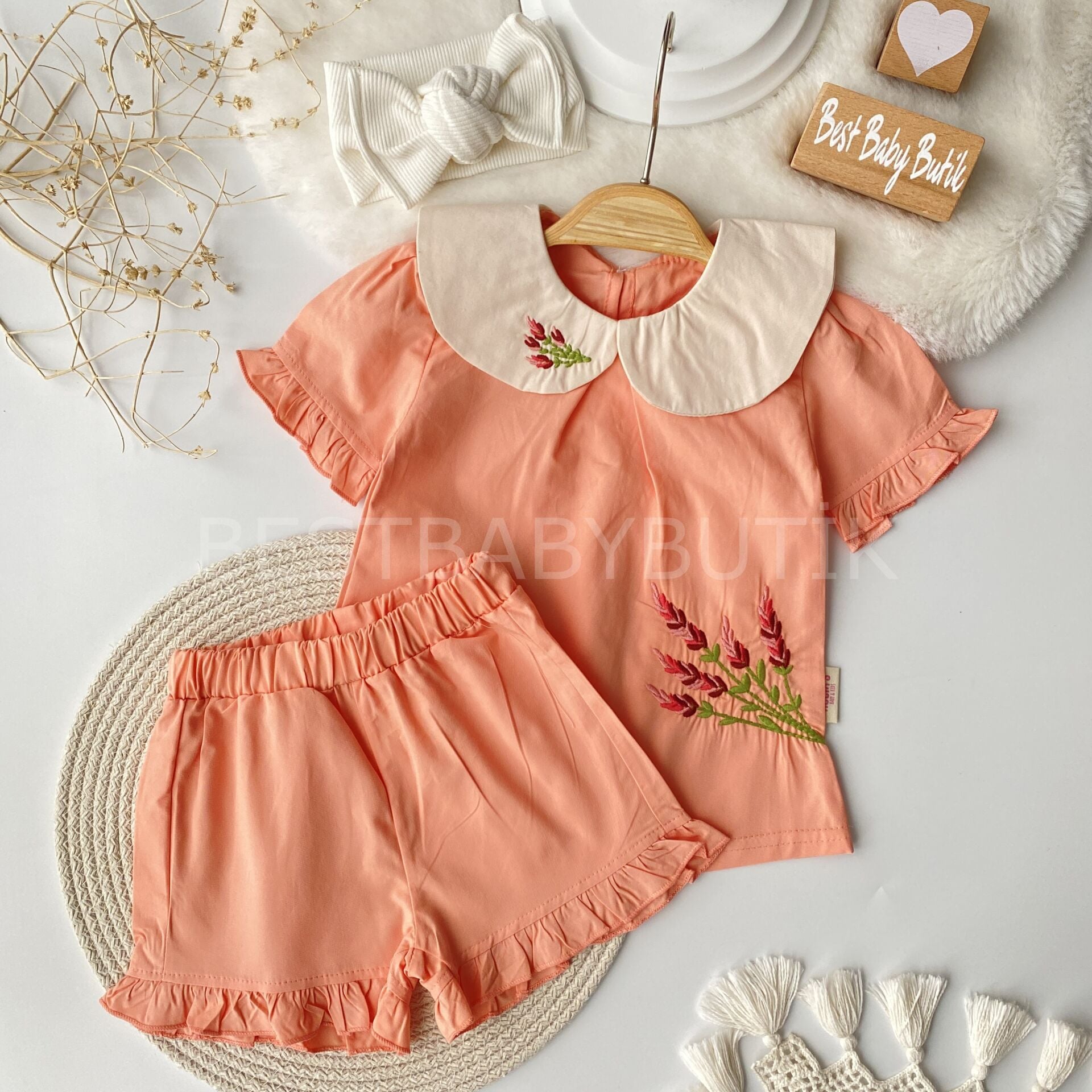 Lavanta Nakışlı Bebe Yaka Poplin Takım 9-12 AY