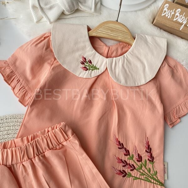 Lavanta Nakışlı Bebe Yaka Poplin Takım 9-12 AY