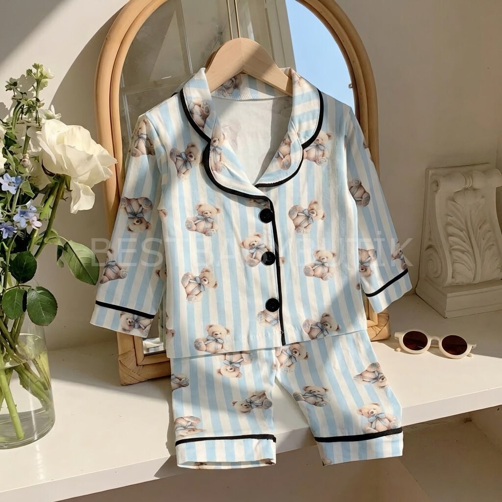 Ayıcıklı Çizgili %100 Pamuk Pijama Takımı 3 YAŞ