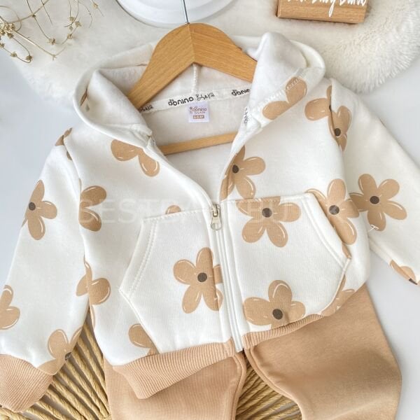 Çiçek Desenli Kapşonlu Şardonlu 2’Li Takım