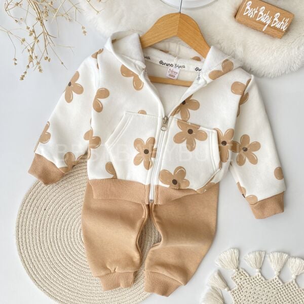 Çiçek Desenli Kapşonlu Şardonlu 2’Li Takım