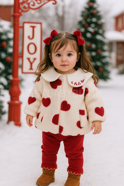 Yakası Nakışlı Kalpli Peluş Montlu 3’Lü Takım