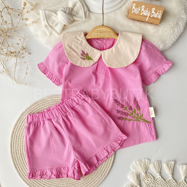 Lavanta Nakışlı Bebe Yaka Poplin Takım