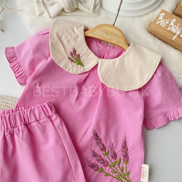 Lavanta Nakışlı Bebe Yaka Poplin Takım 18-24 AY