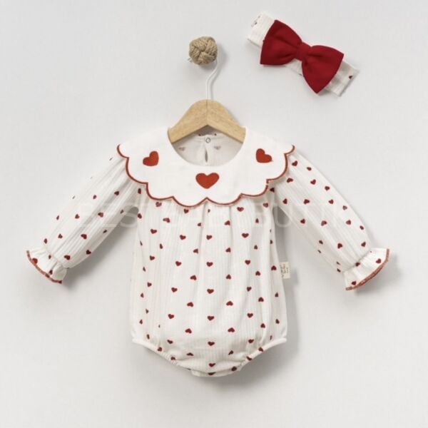 Kalp Nakışlı Yaka Detaylı Bandanalı Tulum