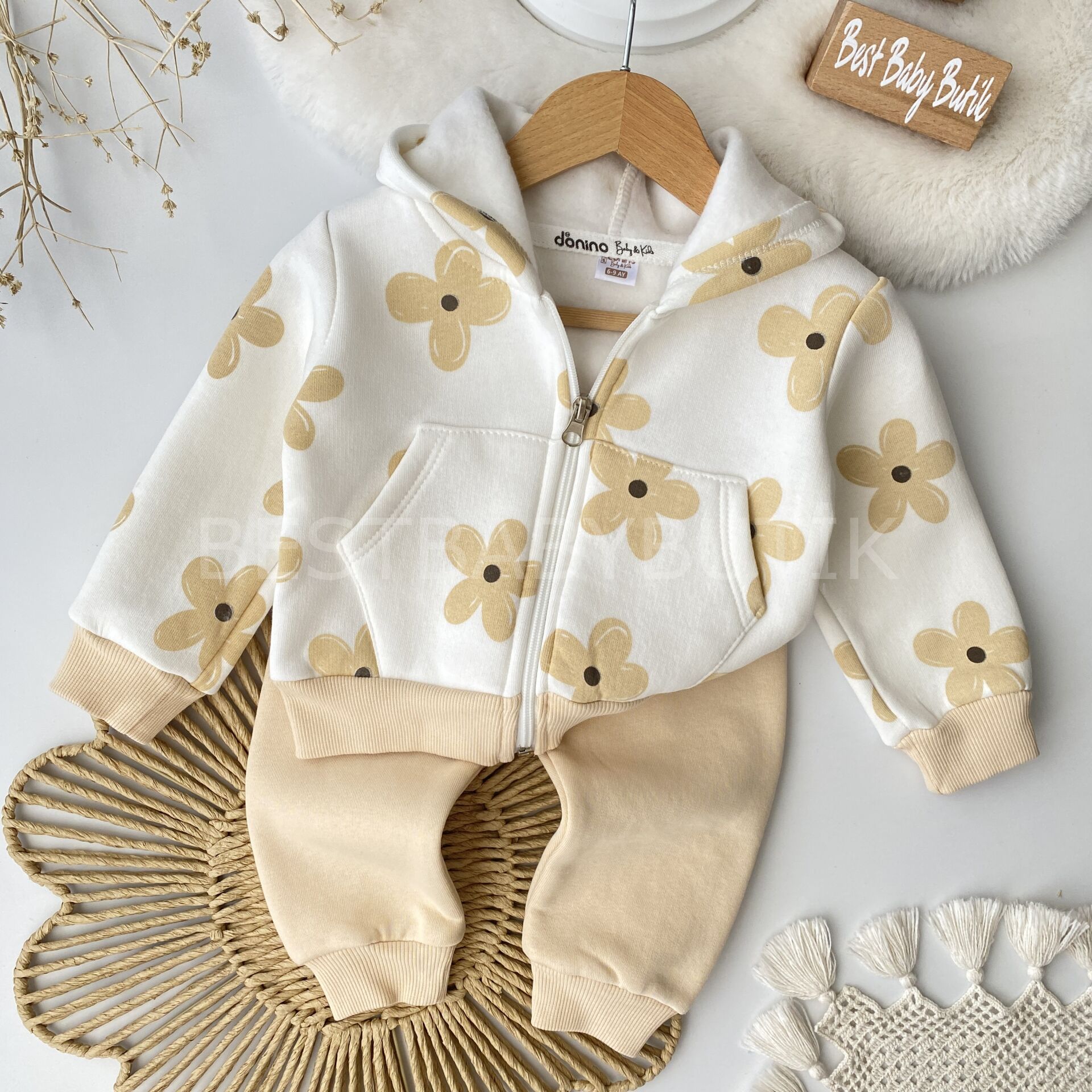 Çiçek Desenli Kapşonlu Şardonlu 2’Li Takım