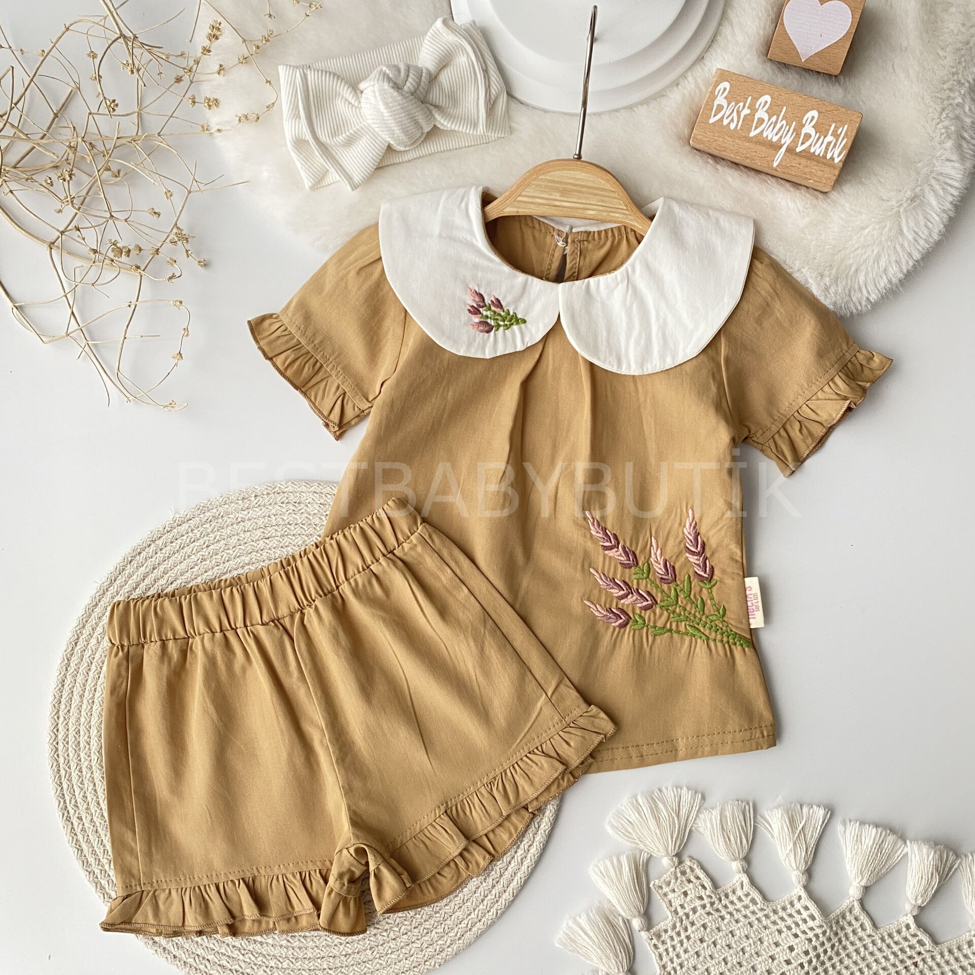 Lavanta Nakışlı Bebe Yaka Poplin Takım