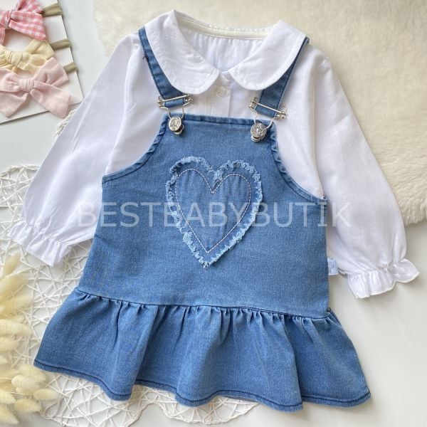 ELİSA KALP DETAYLI FIRFIRLI KOT ELBİSE VE GÖMLEĞİ