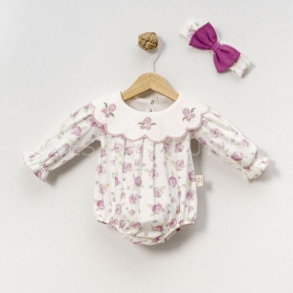 Gül Nakışlı Yaka Detaylı Bandanalı Tulum