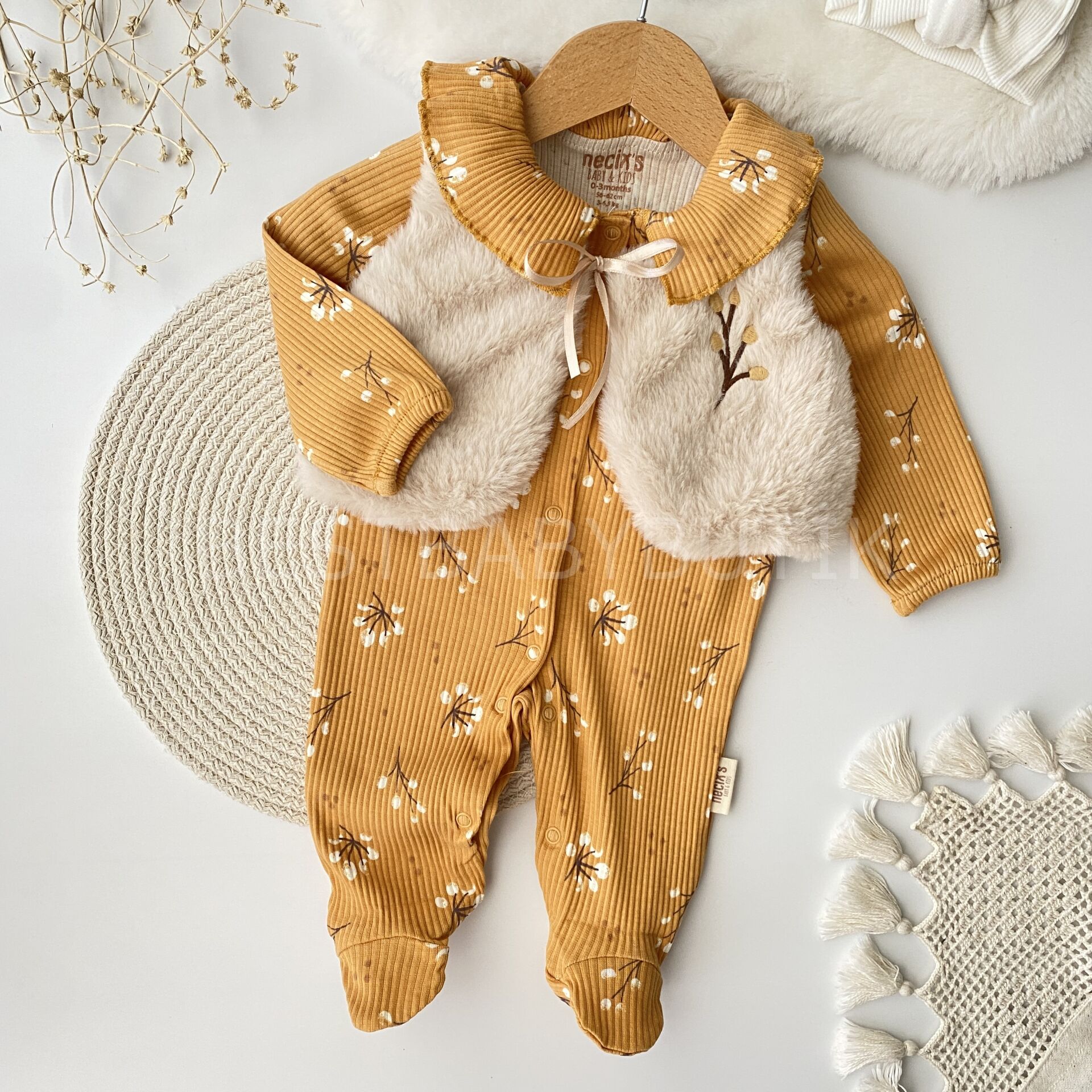 Sonbahar Nakışlı Peluş Yelekli  %100 Pamuk Tulum