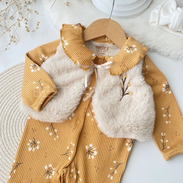 Sonbahar Nakışlı Peluş Yelekli  %100 Pamuk Tulum