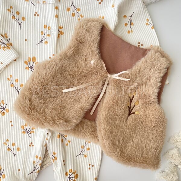 Sonbahar Nakışlı Peluş Yelekli  %100 Pamuk Tulum