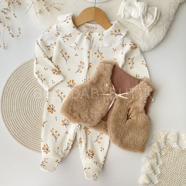 Sonbahar Nakışlı Peluş Yelekli  %100 Pamuk Tulum