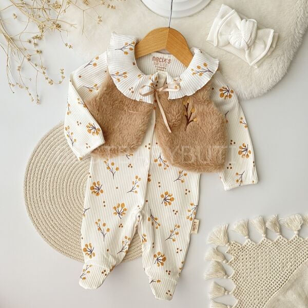 Sonbahar Nakışlı Peluş Yelekli  %100 Pamuk Tulum