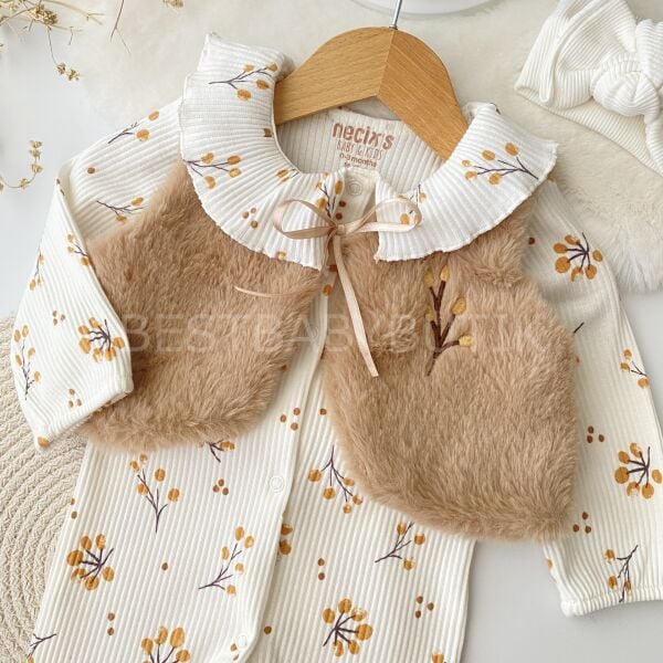 Sonbahar Nakışlı Peluş Yelekli  %100 Pamuk Tulum