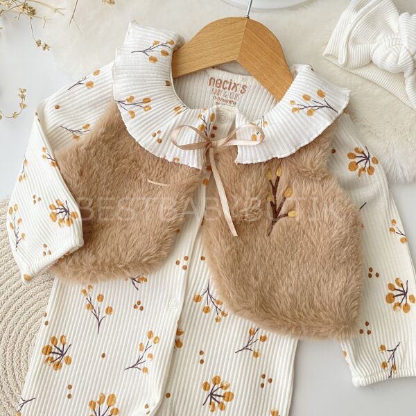 Sonbahar Nakışlı Peluş Yelekli  %100 Pamuk Tulum