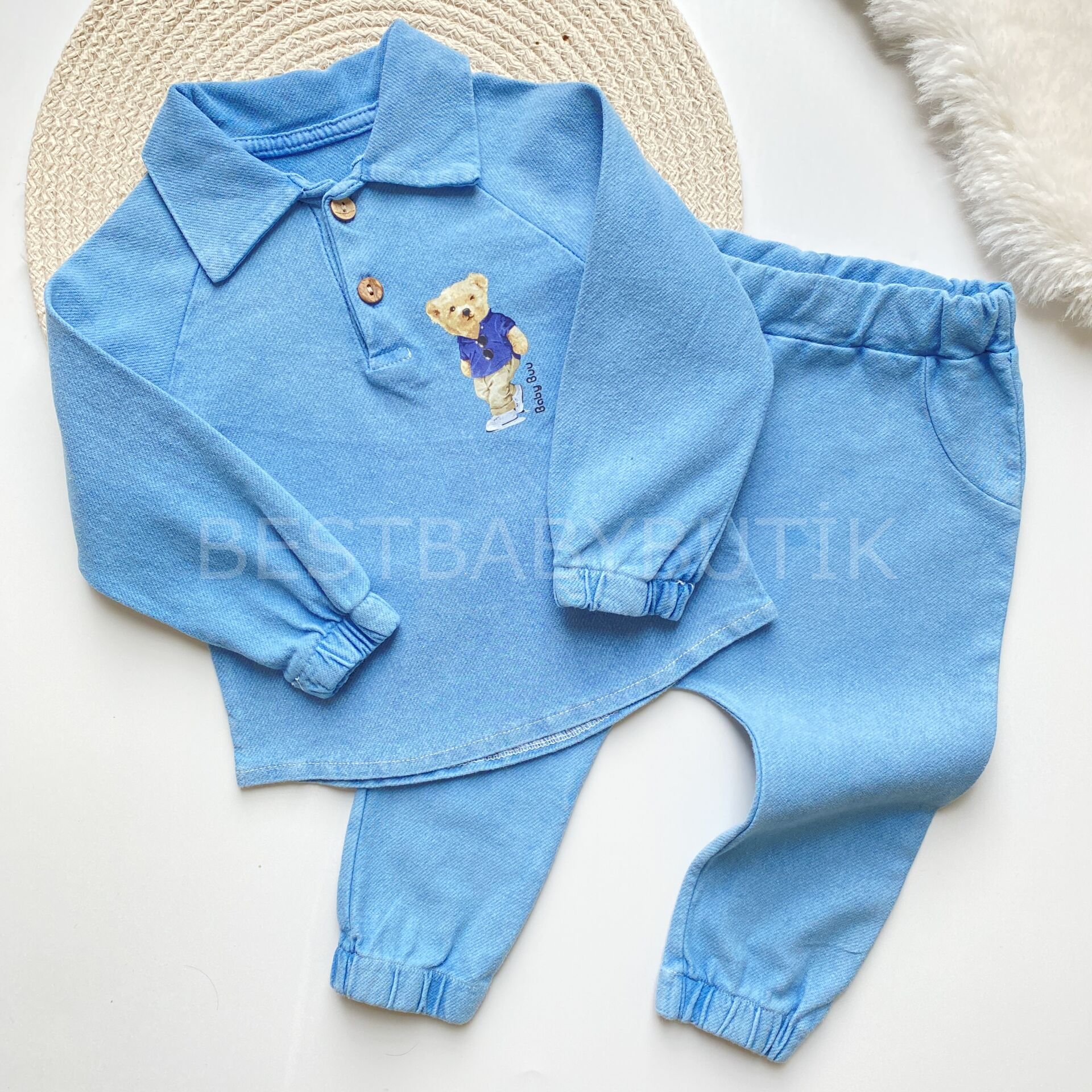 BEAR YAKA DETAYLI LİKRALİ KOT ALT ÜST TAKIM