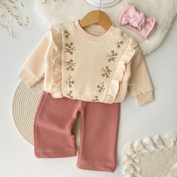 Çiçek Nakışlı Fırfırlı Bol Paça Şardonlu 2’Li Takım