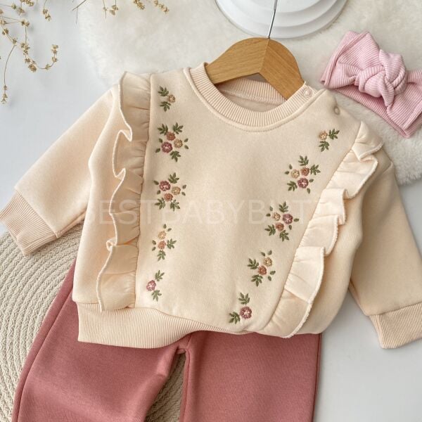 Çiçek Nakışlı Fırfırlı Bol Paça Şardonlu 2’Li Takım