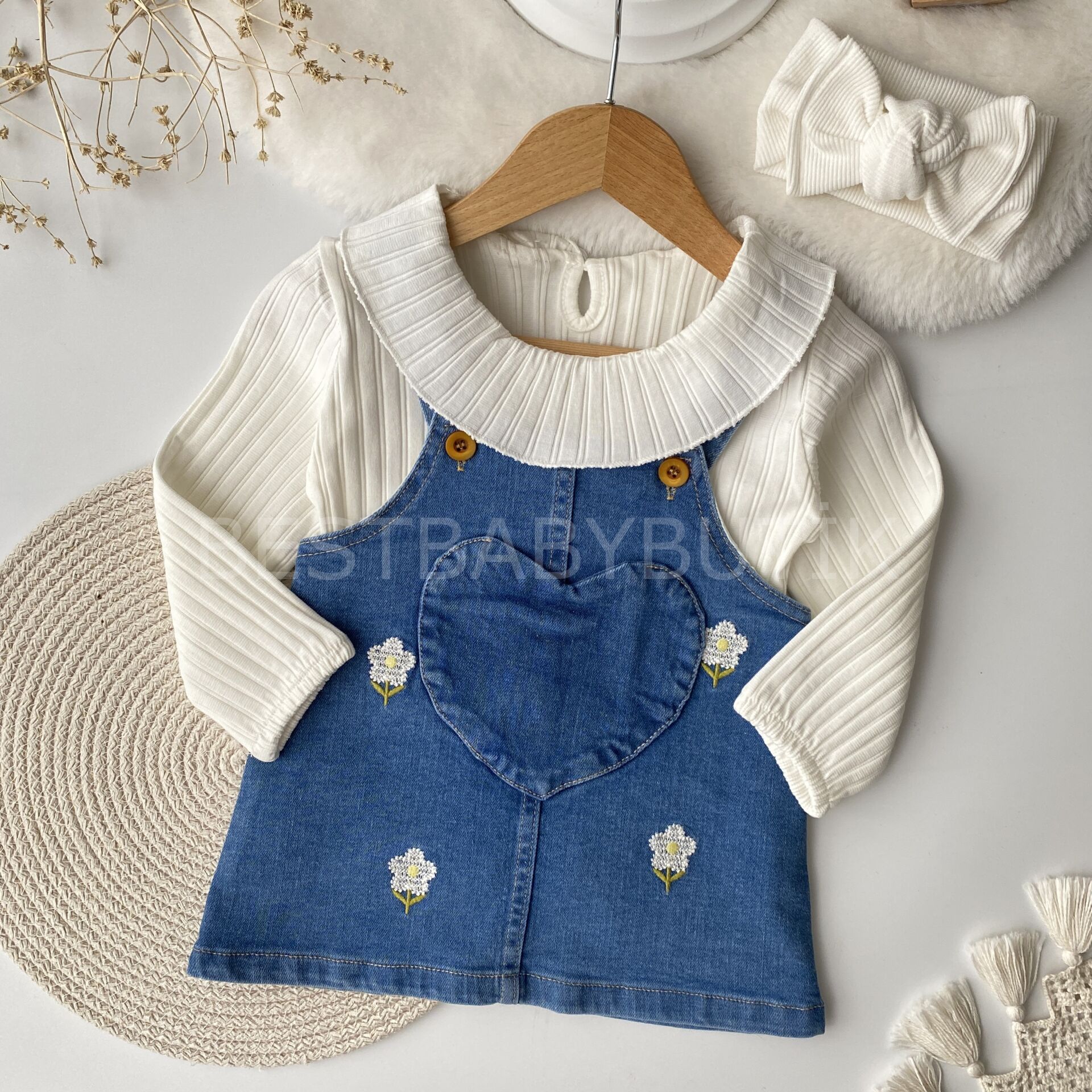 Papatya Nakışlı Badili Kot Salopet Elbise