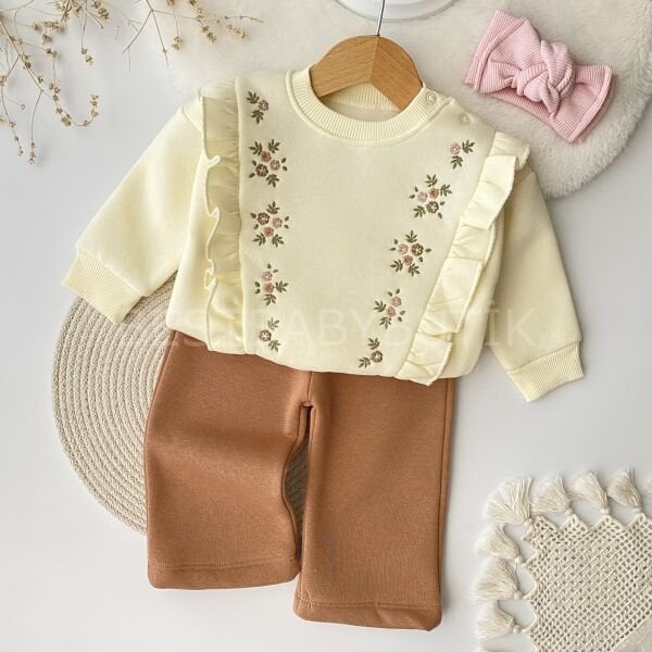 Çiçek Nakışlı Fırfırlı Bol Paça Şardonlu 2’Li Takım