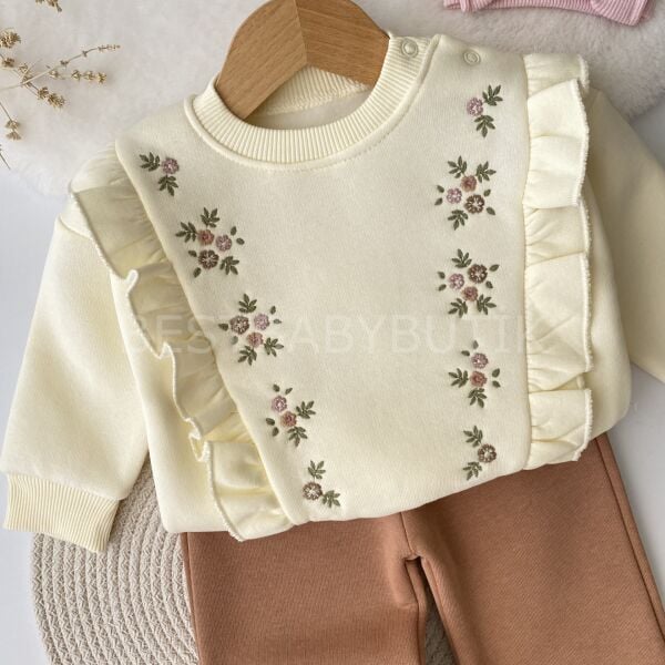 Çiçek Nakışlı Fırfırlı Bol Paça Şardonlu 2’Li Takım