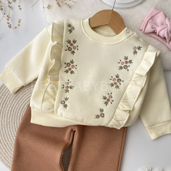 Çiçek Nakışlı Fırfırlı Bol Paça Şardonlu 2’Li Takım