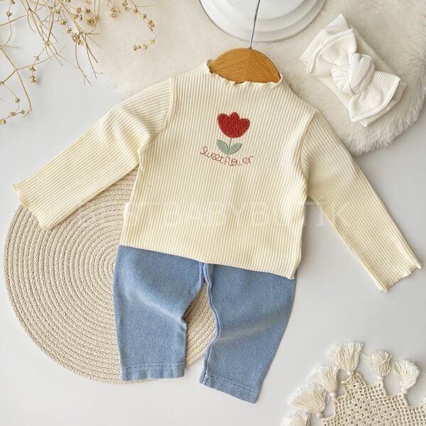 Lale Nakışlı Bluzlu Kot Pantolonlu 2’Li Takım