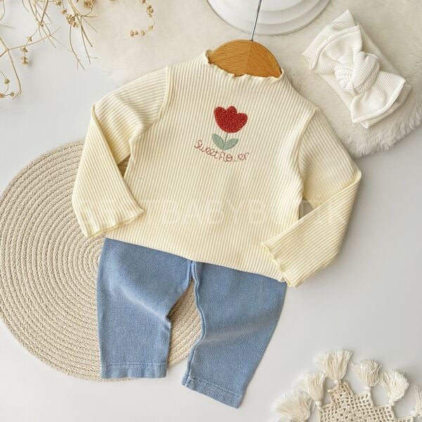 Lale Nakışlı Bluzlu Kot Pantolonlu 2’Li Takım