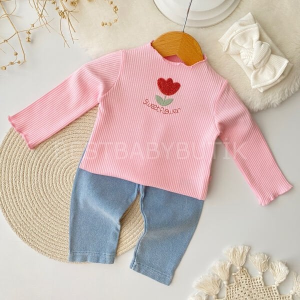 Lale Nakışlı Bluzlu Kot Pantolonlu 2’Li Takım