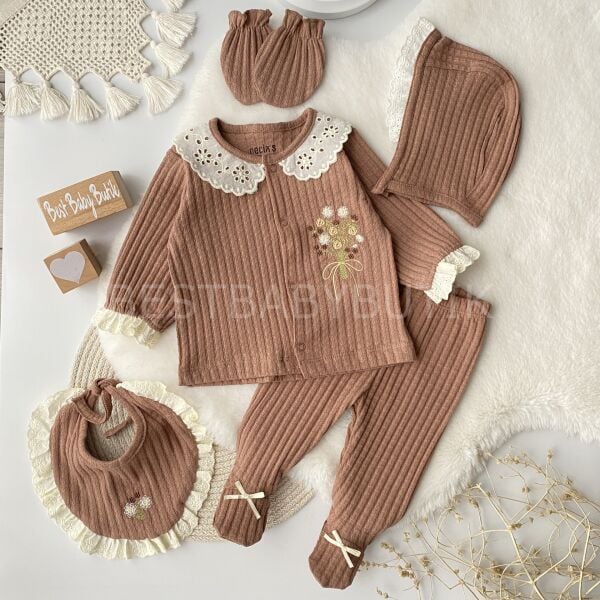 Çiçek Buketi Nakışlı 5 Parça Hastane Çıkışı Takımı