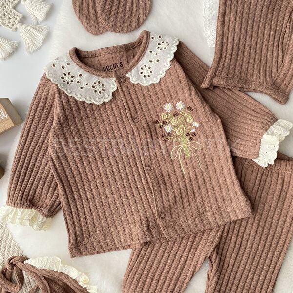 Çiçek Buketi Nakışlı 5 Parça Hastane Çıkışı Takımı