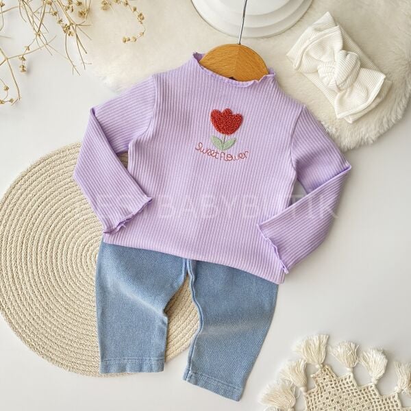 Lale Nakışlı Bluzlu Kot Pantolonlu 2’Li Takım