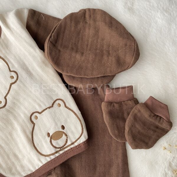 Ayıcık Nakışlı Müslin 5 Parça Hastane Çıkışı Takımı