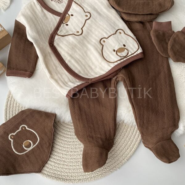 Ayıcık Nakışlı Müslin 5 Parça Hastane Çıkışı Takımı