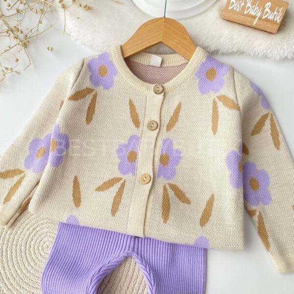 Serpme Çiçek Desenli Triko Hırkalı Takım