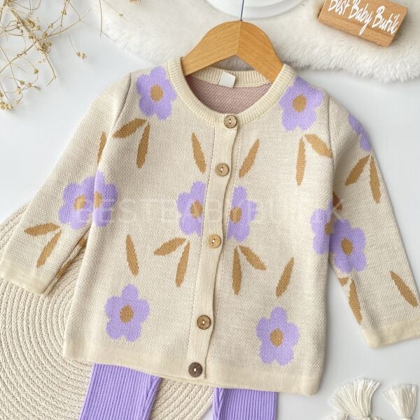 Serpme Çiçek Desenli Triko Hırkalı Takım