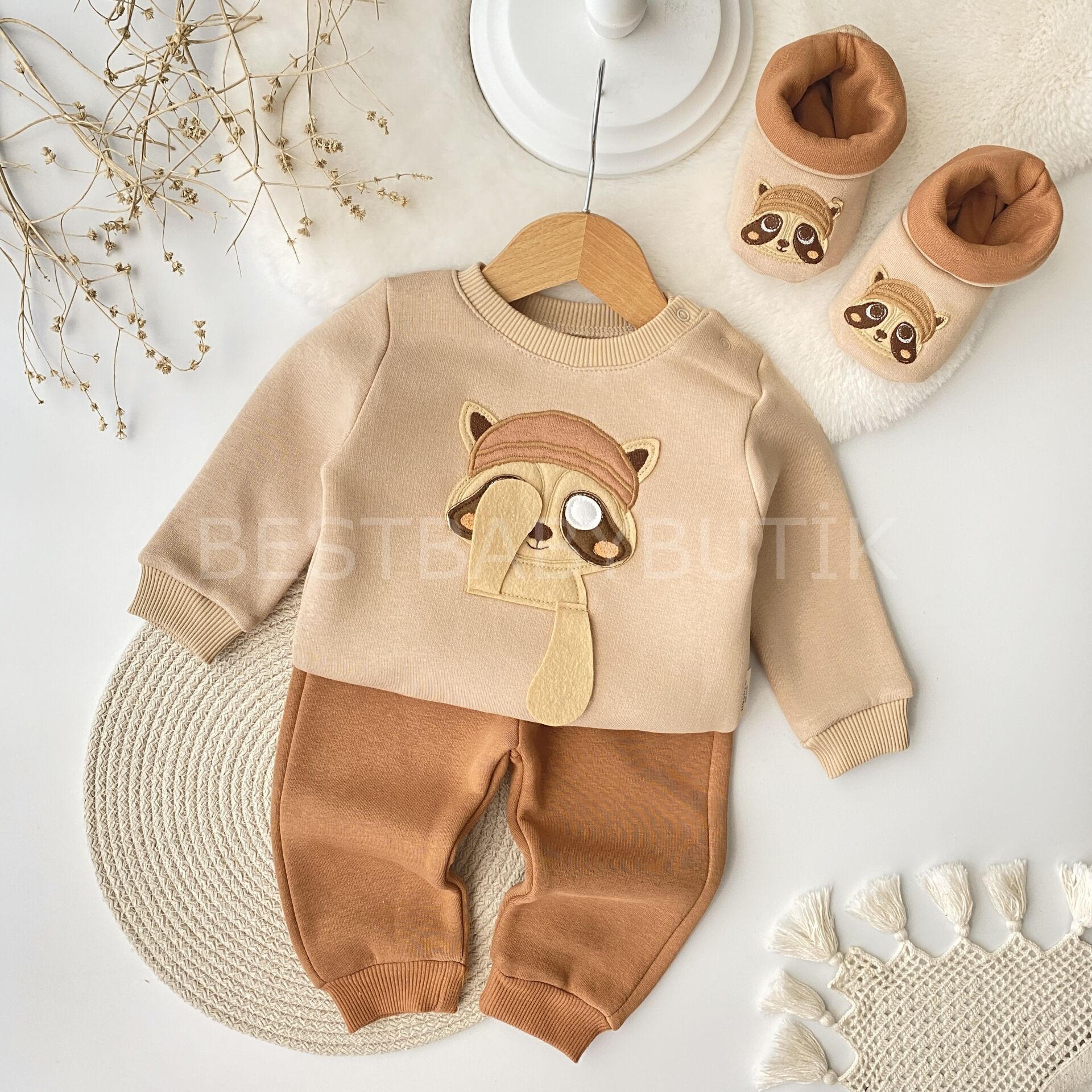 Rakun Ce-Ee Detaylı Panduflu Şardonlu Kışlık 3’Lü Takım