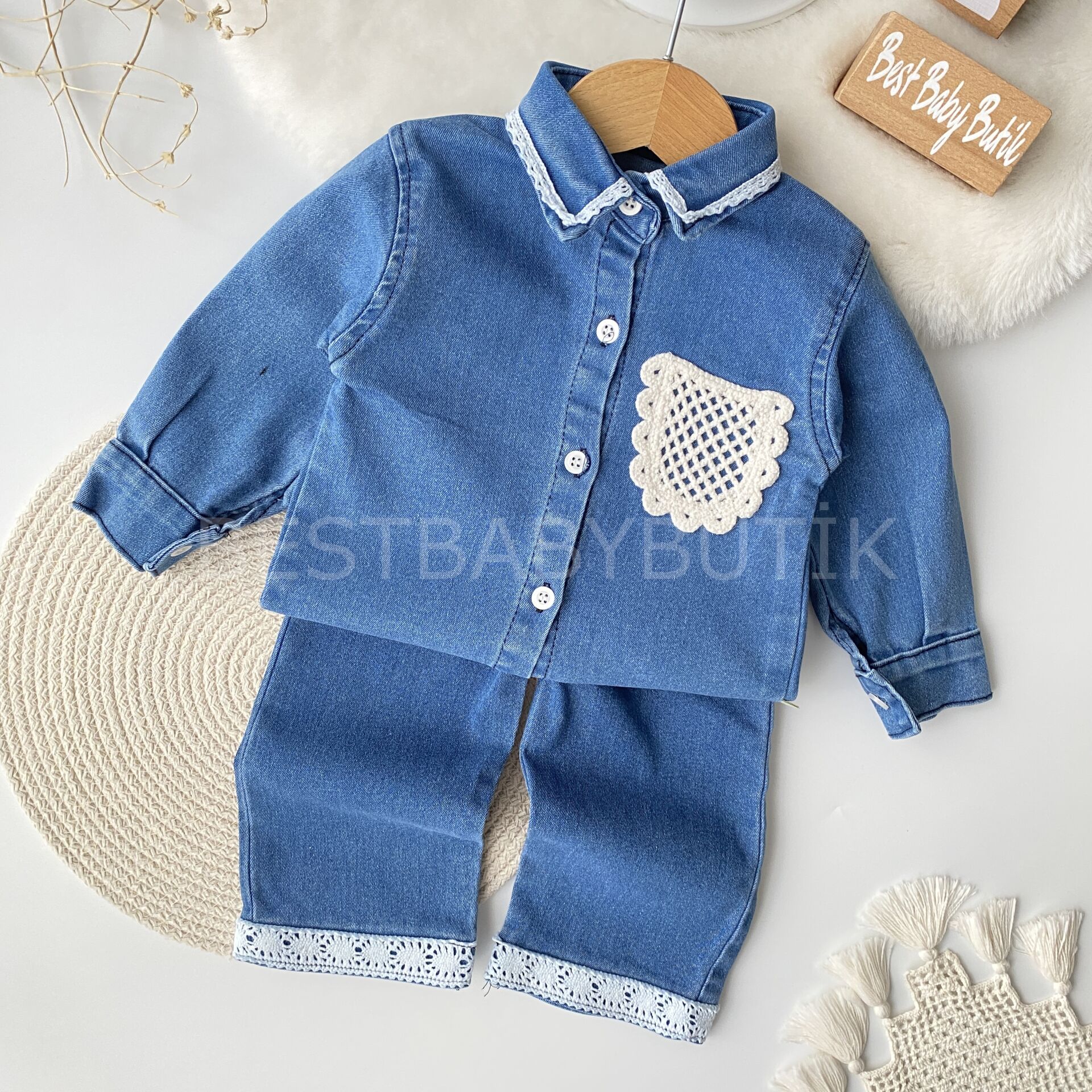 Dantel Detaylı Bol Paça Kot Takım 6-9 AY