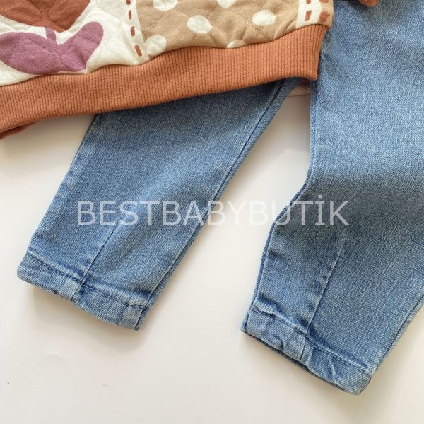 ÇİNİ ETNİK DESENLİ KOT PANTOLONLU TAKIM