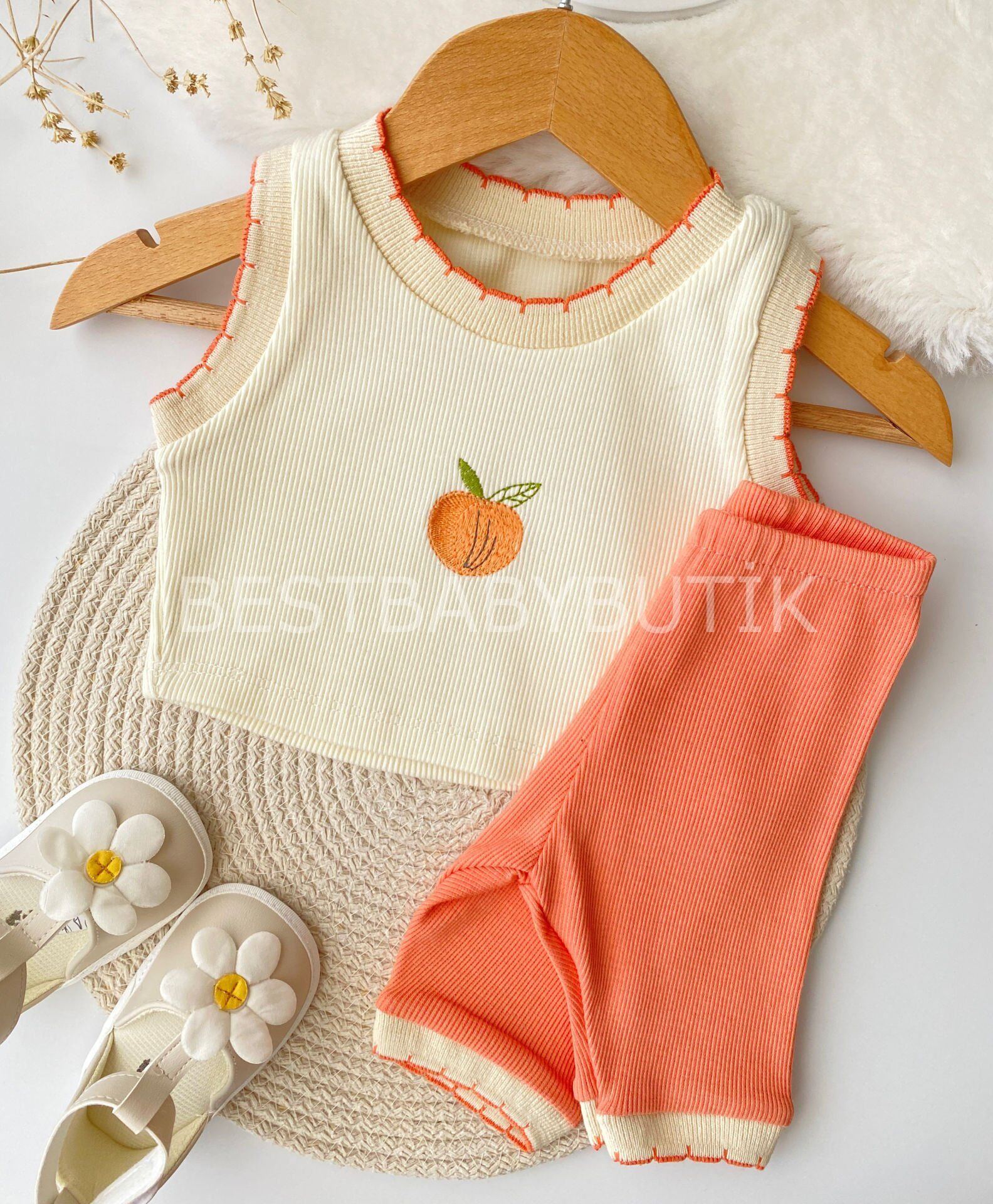 Şeftali Nakışlı Fitilli Crop 2’Li Takım