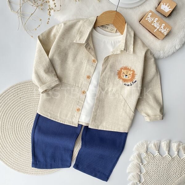 Aslan Baskılı Gömlekli Keten Pantolonlu 3’Lü Takım