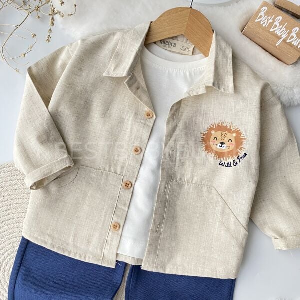 Aslan Baskılı Gömlekli Keten Pantolonlu 3’Lü Takım