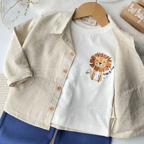 Aslan Baskılı Gömlekli Keten Pantolonlu 3’Lü Takım