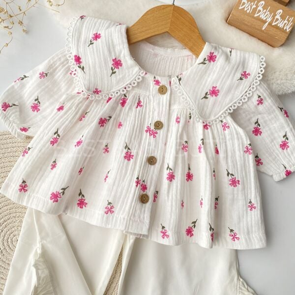 Eftelya Çıtır Çiçekli Müslin Gömlek ve Yandan Fırfırlı Bol Paça Takım