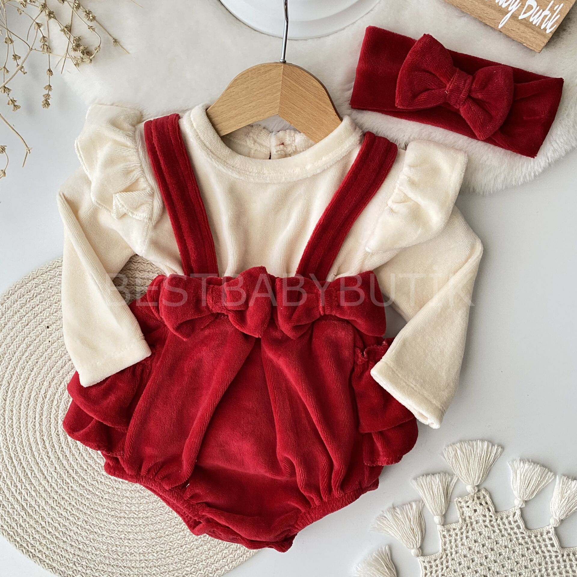 Kurdaleli Bandanalı Kadife Ramper Tulum