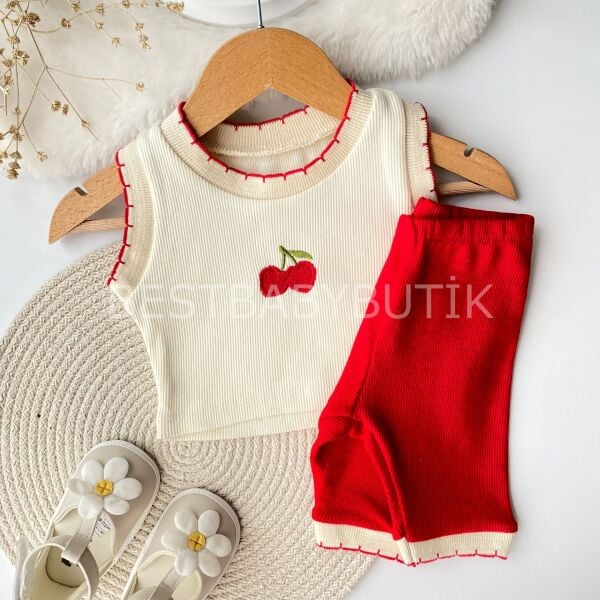 Kiraz Nakışlı Fitilli Crop 2’Li Takım