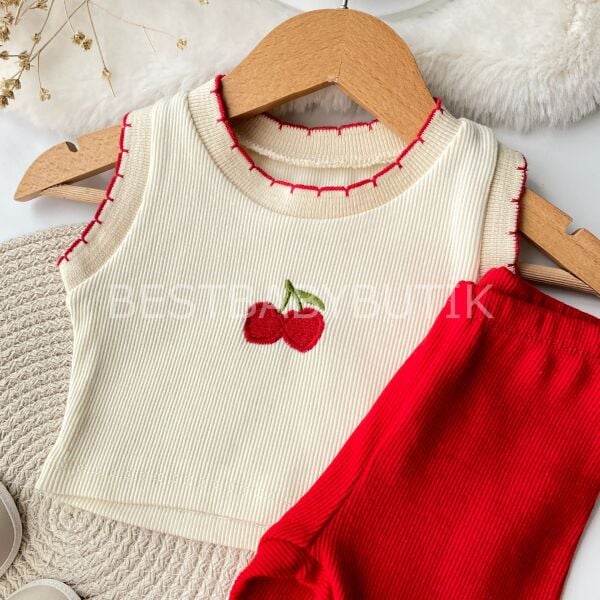 Kiraz Nakışlı Fitilli Crop 2’Li Takım